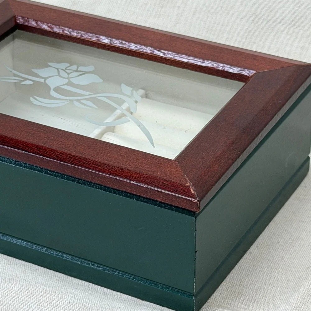 Vintage Wood Jewelry Box Glass Lid Ring Box Trinket Storage Keepsake Organizer